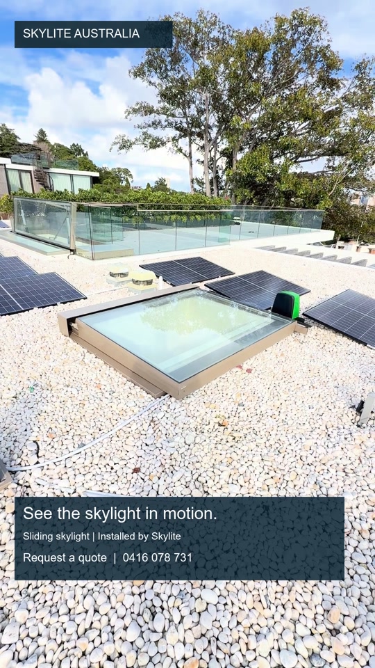 Glazed sliding skylight and its frame viewed from the roof